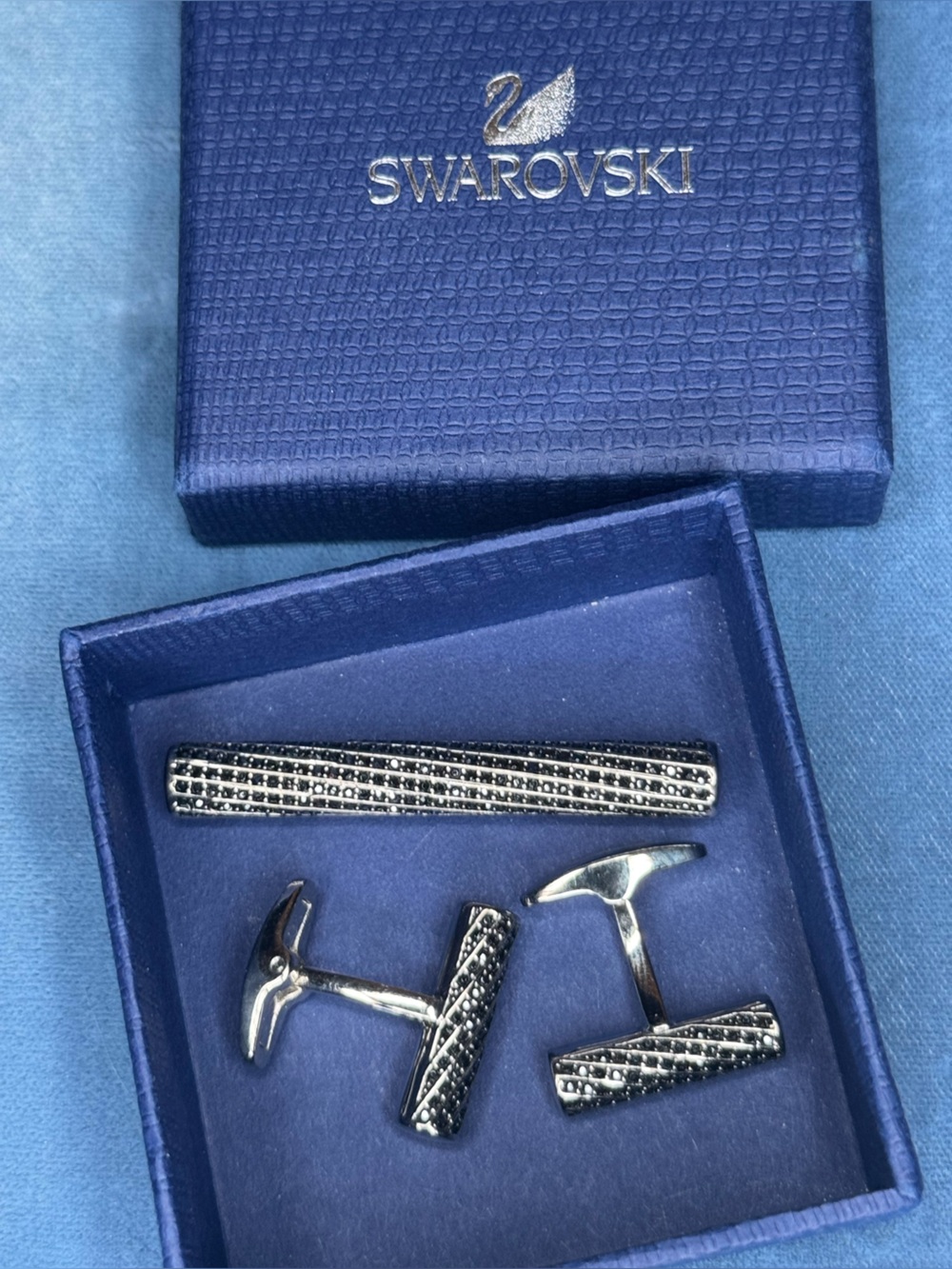 Swarovski Austrian Crystal Cufflinks Black Jet Pave Set Tube Shape